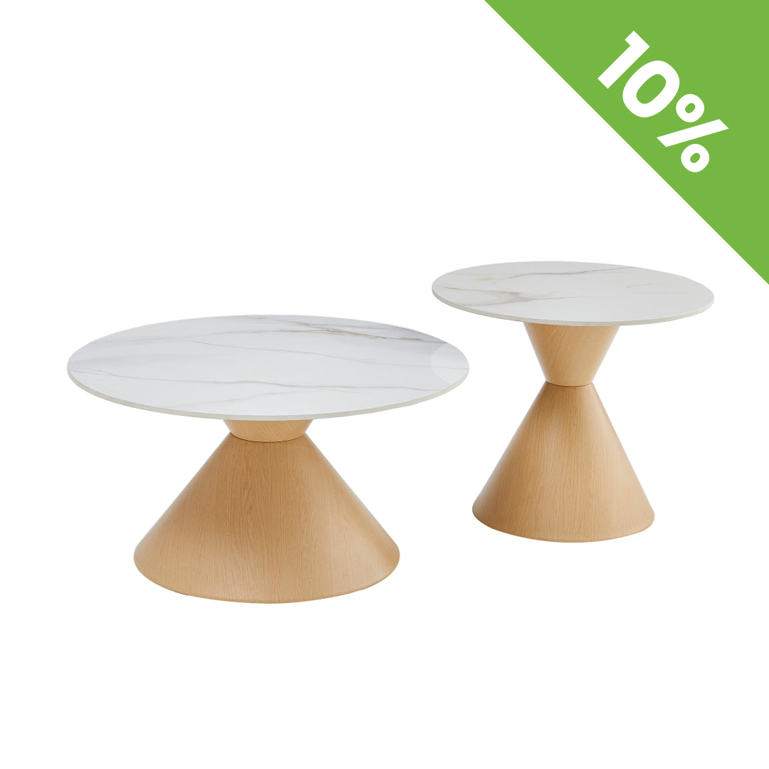 Klub sto CT 6055 Set, Bela keramička ploca/Drvo metalno postolje fi800+fi600 mm